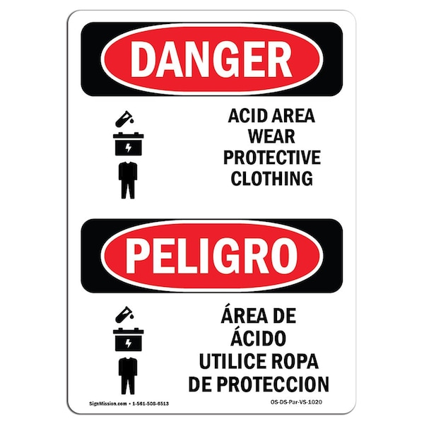 OSHA, Acid Area Wear Protective Clothing Bilingual, 18in X 12in Rigid Plastic, 12" W, 18" H, Spanish